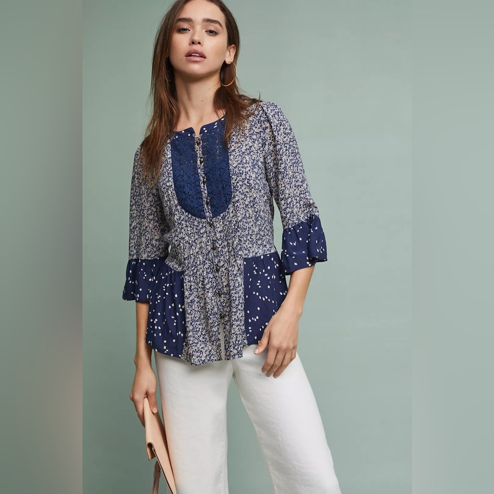 Anthropologie | Maeve Hiver Blouse in Blue 3/4 Sleeves Size 0 Boho Cottagecore